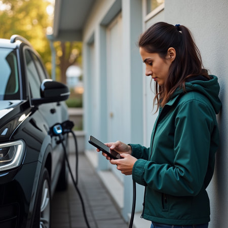 Side view of a young woman charging electric car at the charging stationの素材