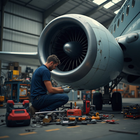 Mechanic repairing airplane engine in garage. Aircraft repair and maintenance.の素材