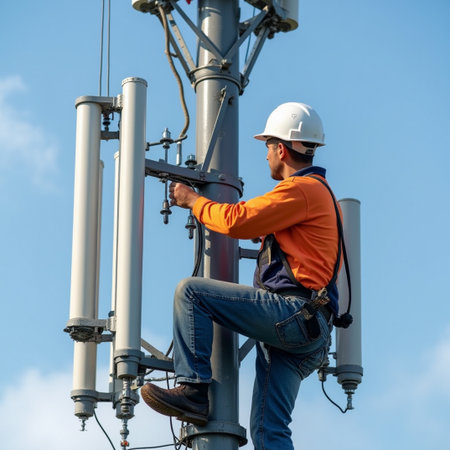 Technician working on high voltage electric pole with blue sky background.の素材