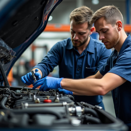 Two mechanics working together on a car engine in a car repair shopの素材