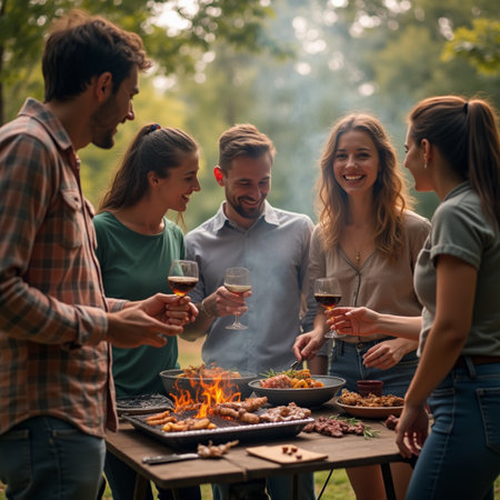 Group of friends having a barbecue party in the forest, drinking wine and having funの素材