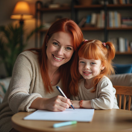 Portrait of happy mother and her daughter drawing together at home.の素材