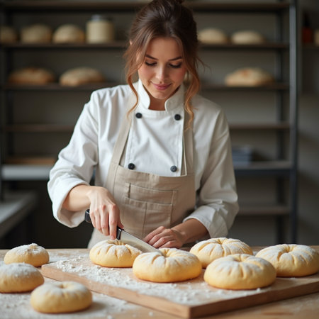 Young woman in apron kneading dough on wooden board in bakeryの素材