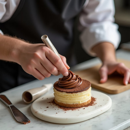 Close up of female pastry chef decorating cake with chocolate cream.の素材