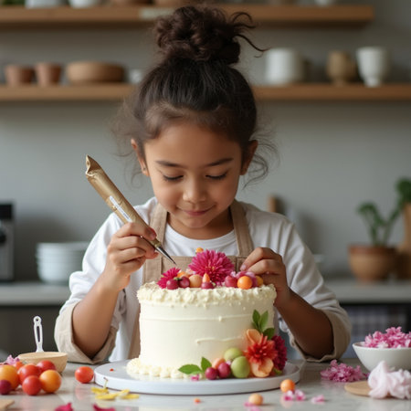 Cute little girl decorating a birthday cake with flowers and berriesの素材