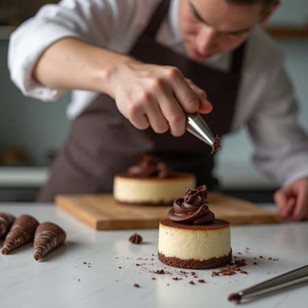 Chef decorating chocolate cheesecake on a white wooden table.の素材