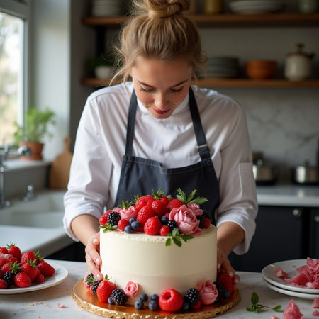 Beautiful young woman in apron decorating cake with fresh berries.の素材