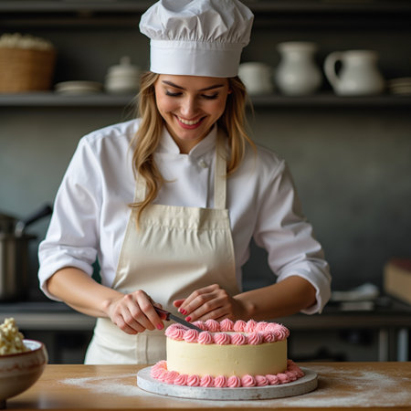 Beautiful young woman in chef hat and apron decorating cake with pink cream.の素材