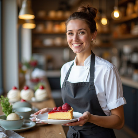 Smiling young waitress holding a piece of cake with raspberriesの素材