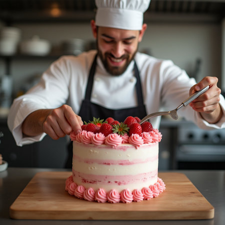 Chef decorating strawberry cake in the kitchen of the restaurant.の素材