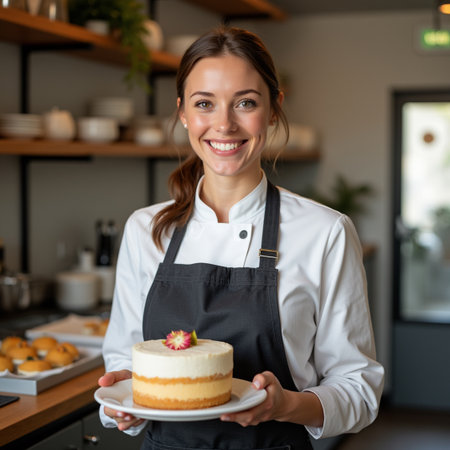Portrait of smiling female pastry chef holding a cake in her handsの素材