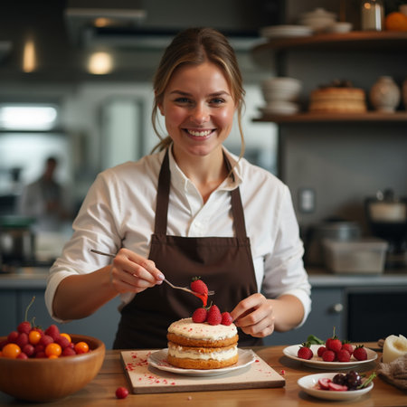 Smiling female chef decorating cake with fresh berries at table in kitchenの素材