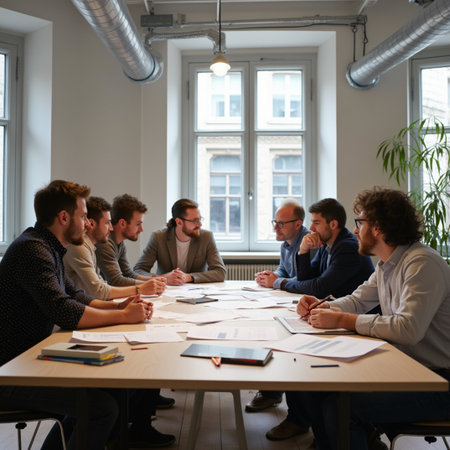 Group of young business people sitting at table and working together in office.の素材