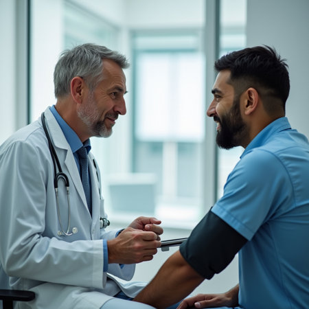 Doctor and patient discussing something while sitting at the table. Medicine and health care concept.の素材