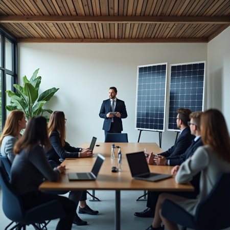 Businessman in the conference room with solar panels on the wall.の素材