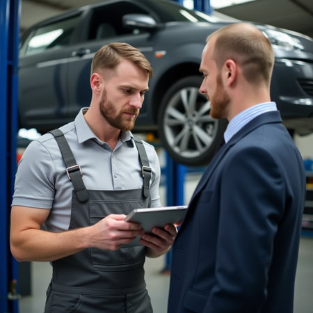 auto business, car repair and people concept - auto mechanic with tablet pc computer in auto repair shopの素材
