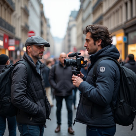 French film director and cameraman on the streets of Paris.の素材