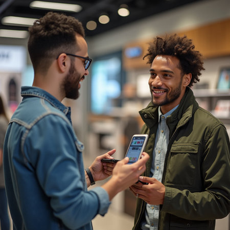 african american man using smartphone and smiling at colleague in mallの素材