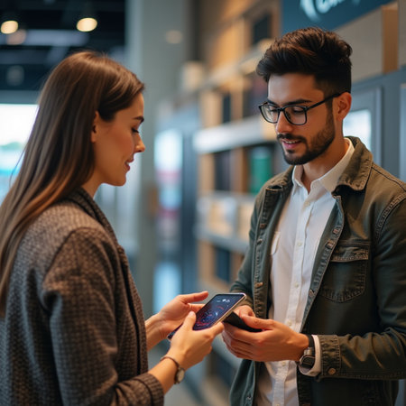 Young couple in shopping mall using mobile phone. Man and woman looking at smartphone.の素材