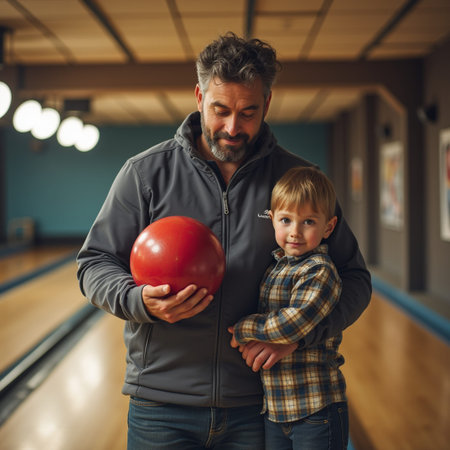 Father and son playing bowling together in bowling club. Concept of friendly family.の素材