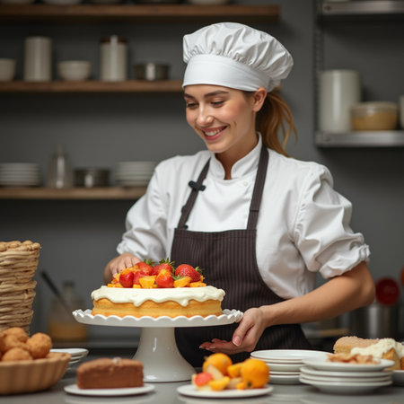 Beautiful female chef decorating delicious cake with fresh fruits in kitchenの素材