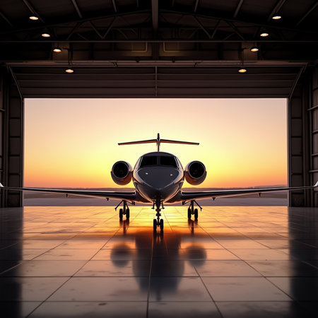 Commercial airplane in hangar at sunset. 3d illustration. Travel conceptの素材