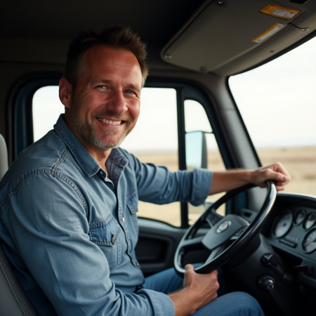 Portrait of a smiling man driving his car and looking at cameraの素材
