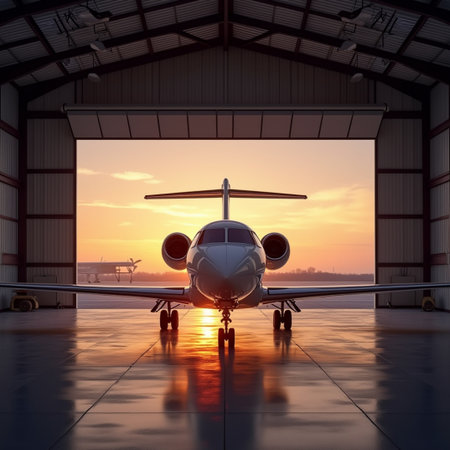 Commercial airplane in hangar at sunset. 3d rendering and illustration.の素材