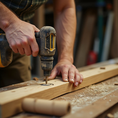 Carpenter working on a wooden plank with a cordless drillの素材