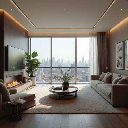 Luxury living room interior with panoramic city view. 3D Renderingの素材