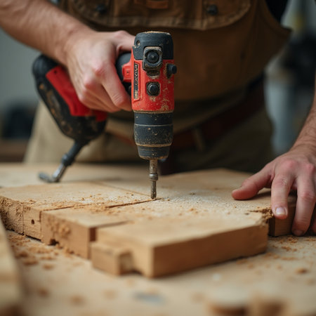 carpenter working in his carpentry workshop, using a cordless drillの素材
