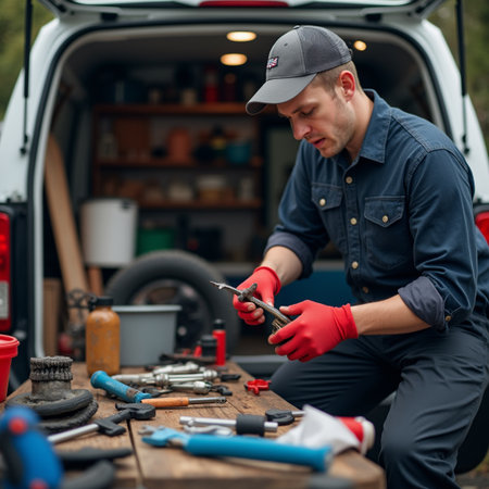 Auto mechanic working in auto repair service. Auto mechanic repairing a car.の素材