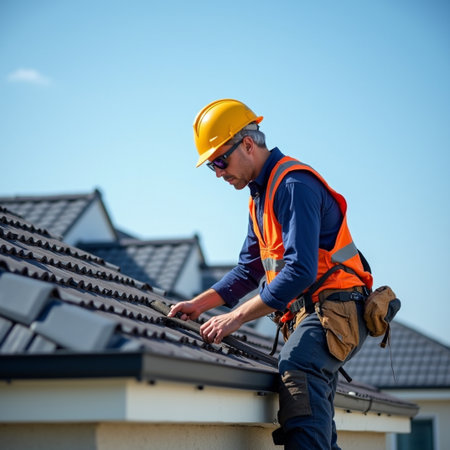 Roofer at work on a roof of a house with a bituminous tileの素材