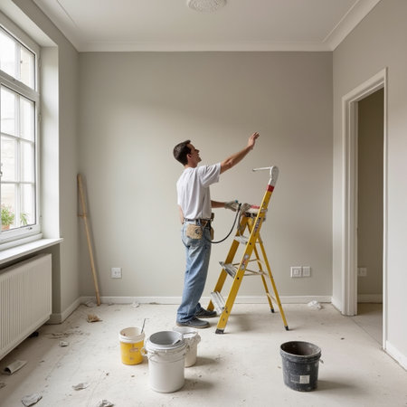 Man painting a wall in a new house with a paint roller.の素材