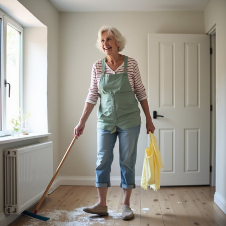 Portrait Of Mature Woman Cleaning Floor With Mop At Homeの素材