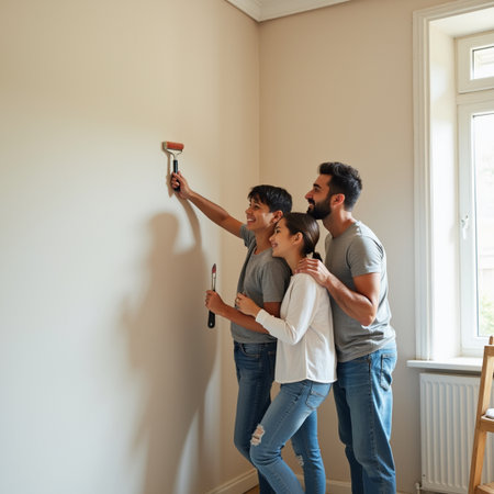Happy young family painting interior wall of new house. They are holding paint roller and smilingの素材