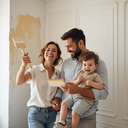 Happy young family with a child in a new apartment. They are holding paint brushes and smiling.の素材