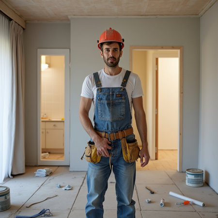 Portrait of a male construction worker carrying tool belt while standing in a new apartmentの素材