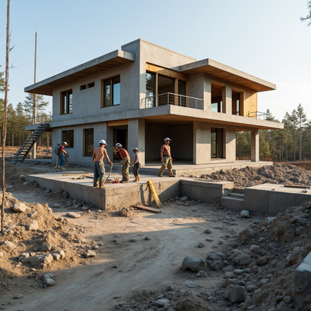 construction of a new residential house. Workers in the process of building a houseの素材