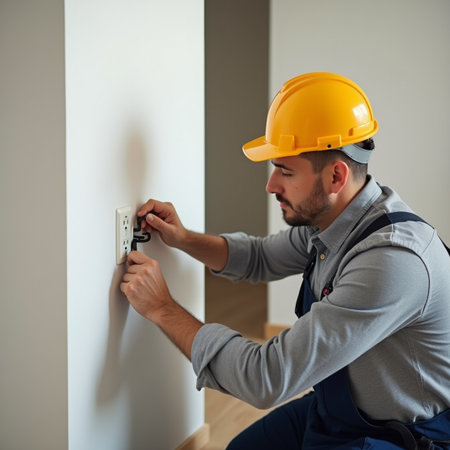 Handyman installing a light switch on a wall in a new houseの素材