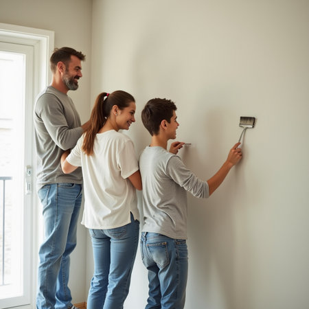 Young couple painting their new house. They are standing near the window and smiling.の素材