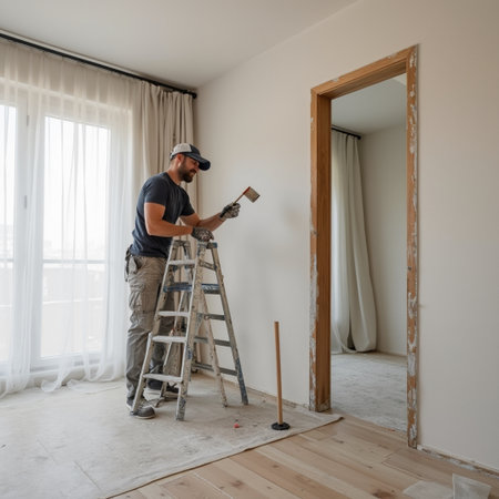 Man painting a wall with a paint roller in a new apartment.の素材