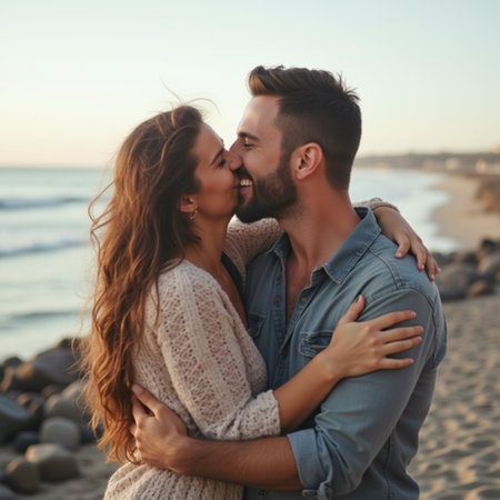 Portrait of a happy young couple hugging on the beach at sunsetの素材