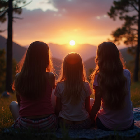 Three little girls sitting on the grass and looking at the sunset.の素材