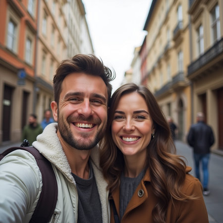 Happy couple taking selfie in the city. Smiling man and woman embracing and looking at camera.の素材