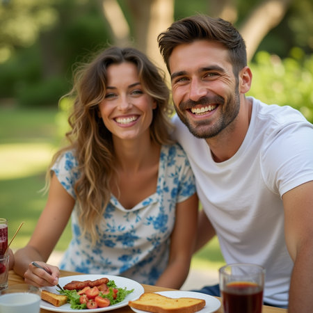 Portrait of a happy young couple having breakfast together in the parkの素材