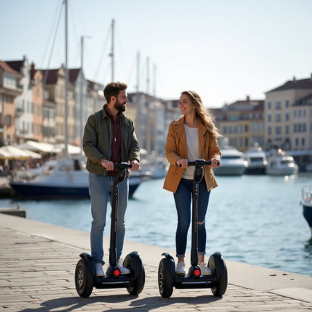 Young couple riding on self-balancing electric scooters in the cityの素材