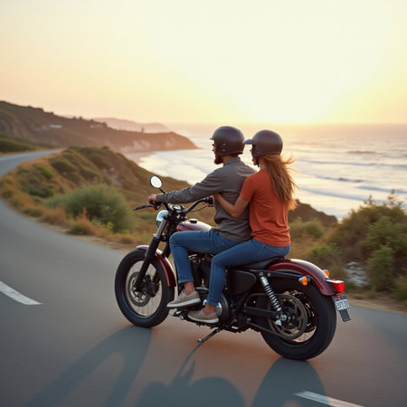 Rear view of a young couple riding a motorcycle on the road at sunsetの素材