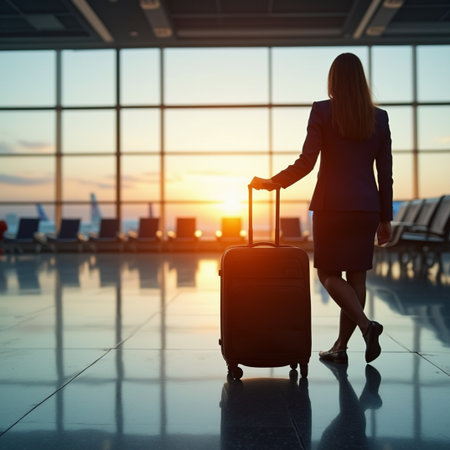 Back view of businesswoman with suitcase at airport terminal. Travel and vacation conceptの素材