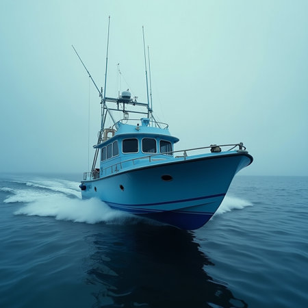 Fishing boat in the sea on a foggy day. 3d renderの素材